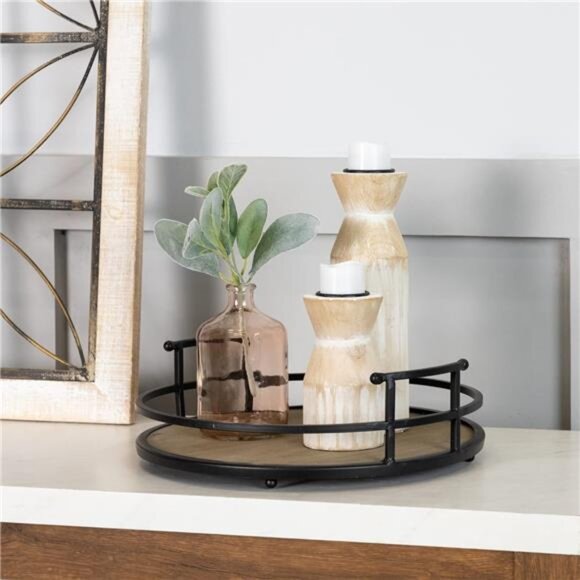 Home Decor Metal and Wood Round Tray | Wooden Coffee Table Tray Decor - Picture 2 of 7